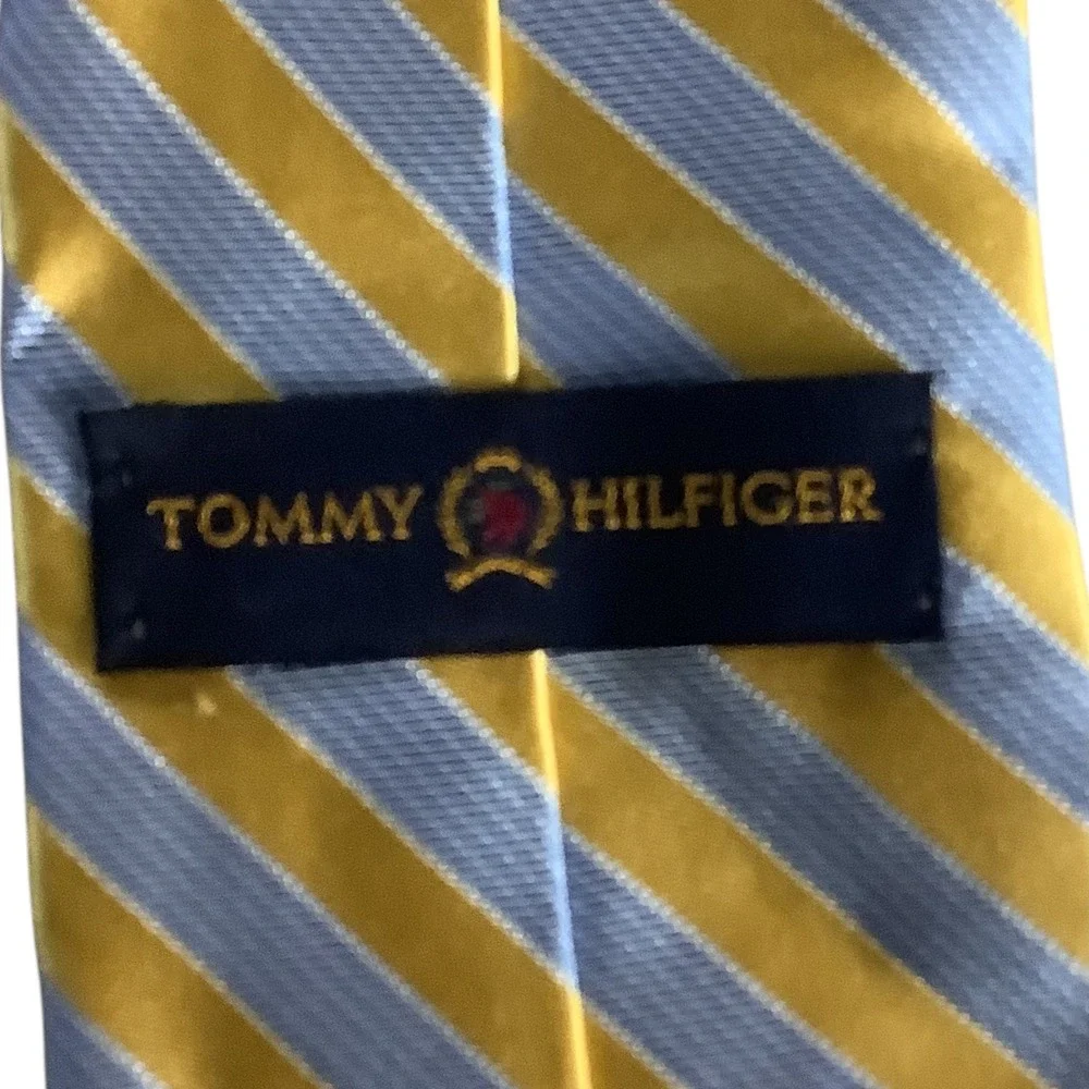 Tommy Hilfiger Men Tie 100% Silk‎ Blue Gold Striped Classic Necktie USA Formal